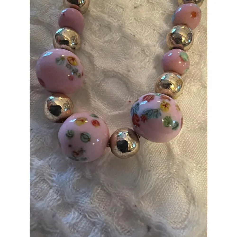 Vintage Pink Floral Art Glass Bead Necklace Silver Tone Magnetic Clasp 18" - Picture 2 of 11